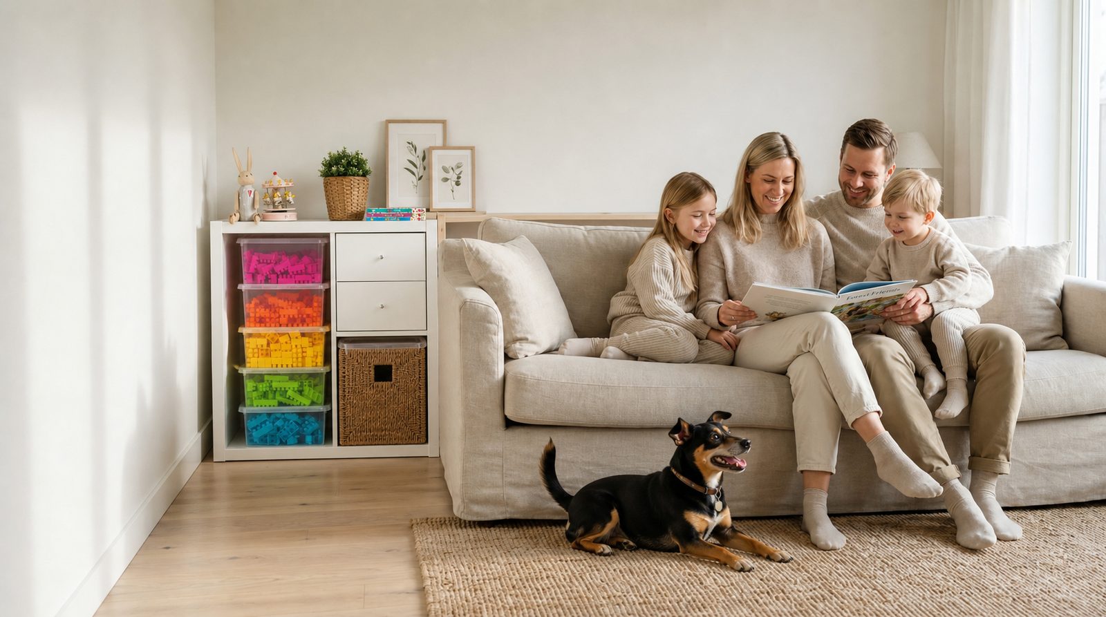 Familia en un salón ordenado con cajas AHIOVA de colores llenas de juguetes